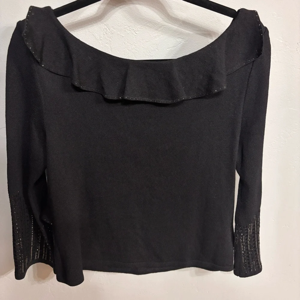 NWOT St. John Evening Luxurious Knit Black Ruffle Wrap Sweater - Sz 8 (Runs big)